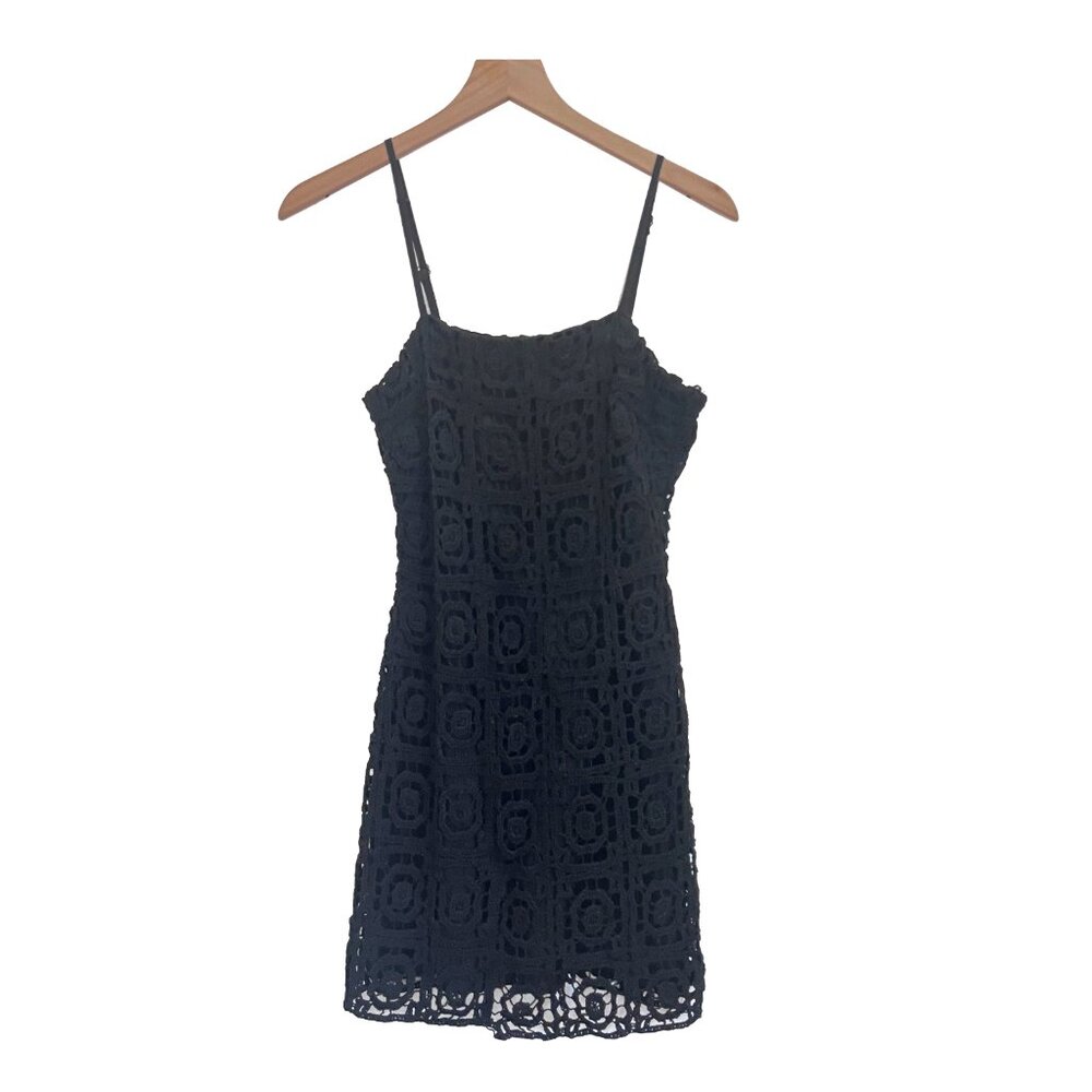 AQUA XS Black Embroidered Eyelet Mini Dress Adjustable Straps Lined